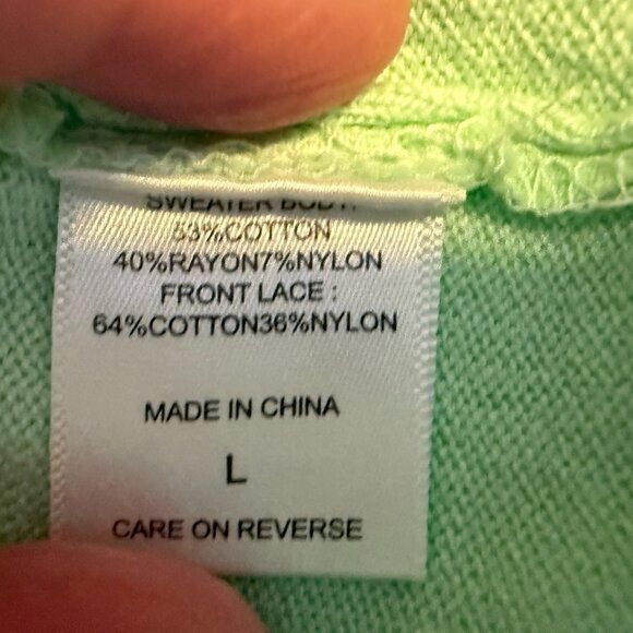 New YOrk & Co Mint Green V Neck Cardigan w/Lace Flowers - Large - Picture 4 of 7